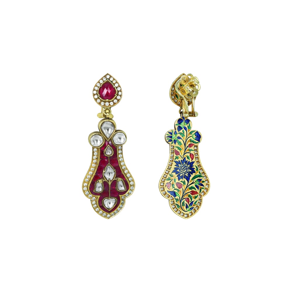 Pear-Shaped Earrings with Polki Diamonds and Red Enamel